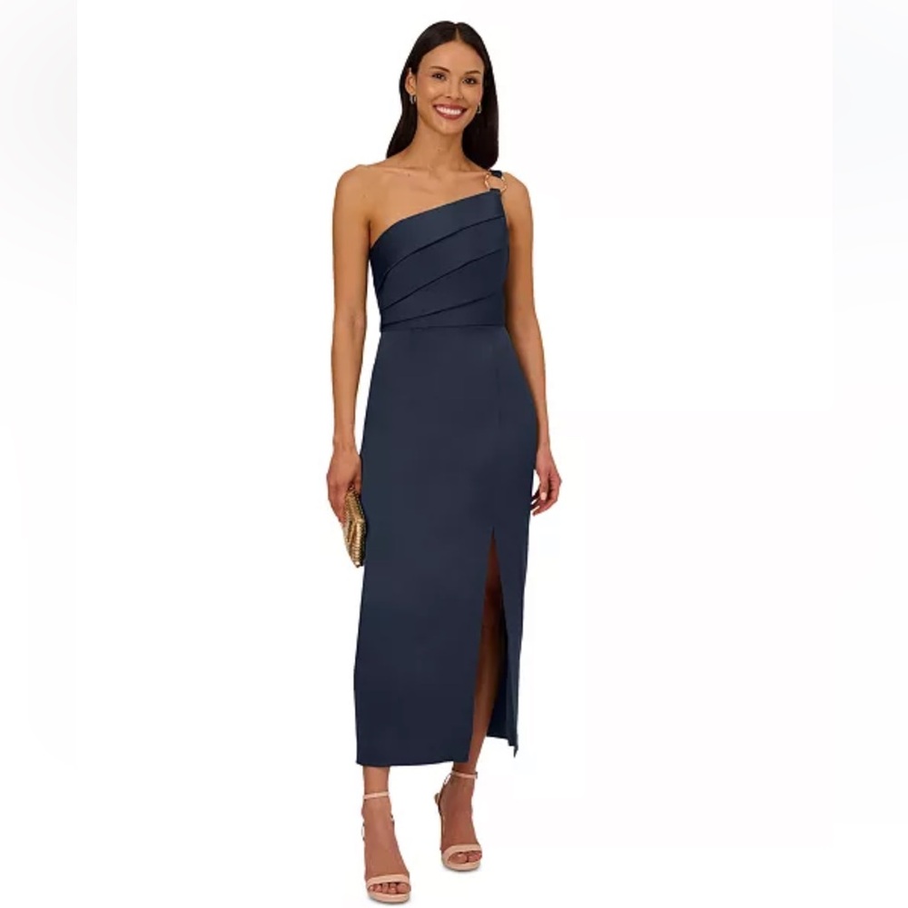 Adrianna Papell Women's Satin NAVY Crepe One-Shoulder Gown Dress 16 NEW - Picture 3 of 5